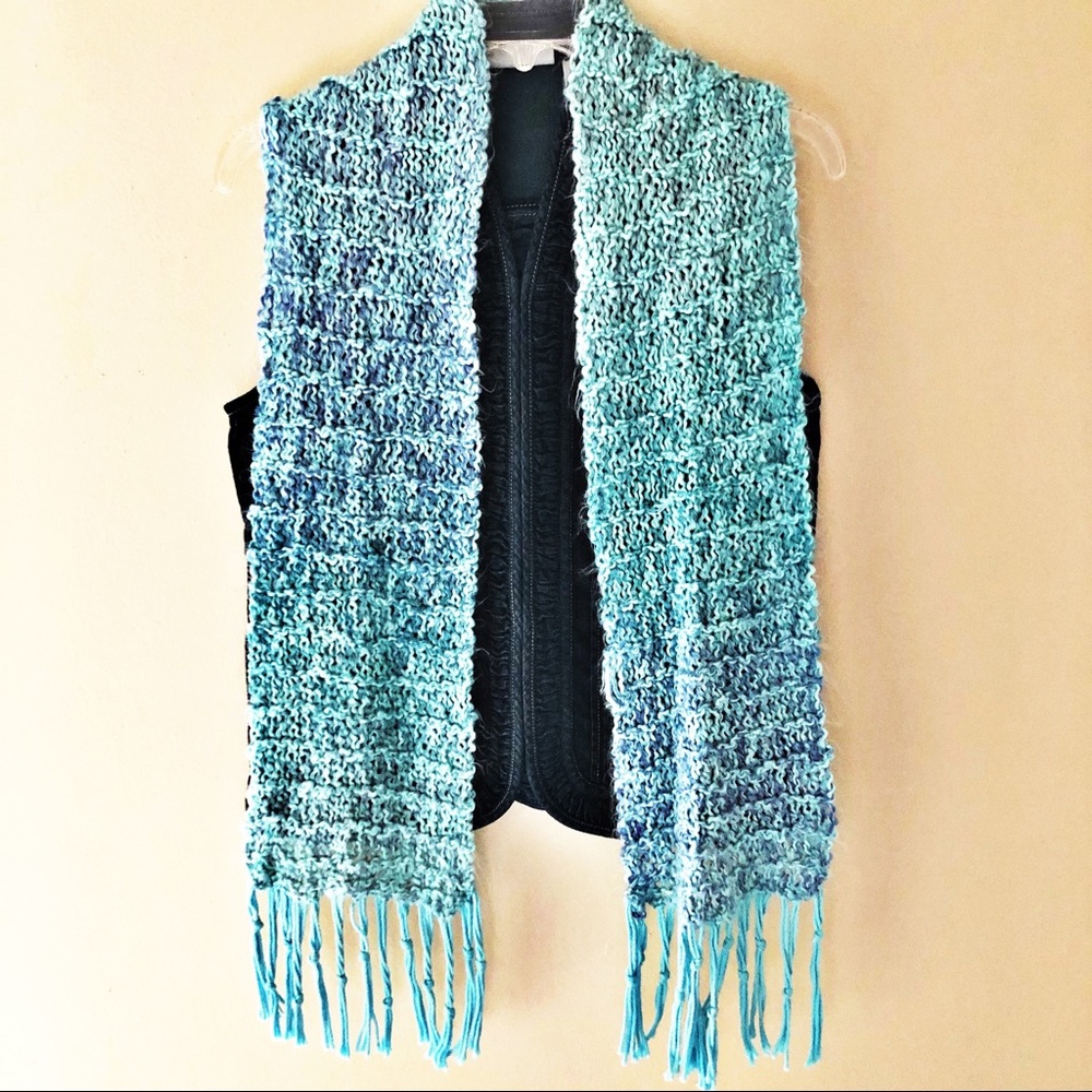 Knitted Scarf Handmade Loose Knit Chunky Texture Fuzzy Aqua Blue Multi Fringe